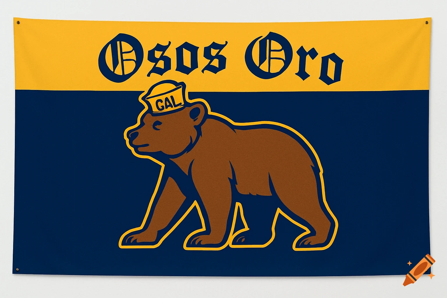 A flag with a golden yellow top stripe and a dark blue bottom stripe. The top stripe has "Osos Oro" in black gothic-style font. The bottom stripe features a brown bear wearing a yellow hat with "CAL" written on it, outlined in yellow.