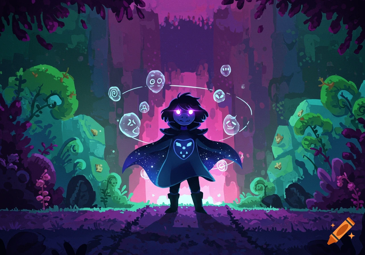 A stylized character with glowing eyes and a star-speckled cape stands in a vibrant, glowing fantasy forest with floating bubble-like creatures.