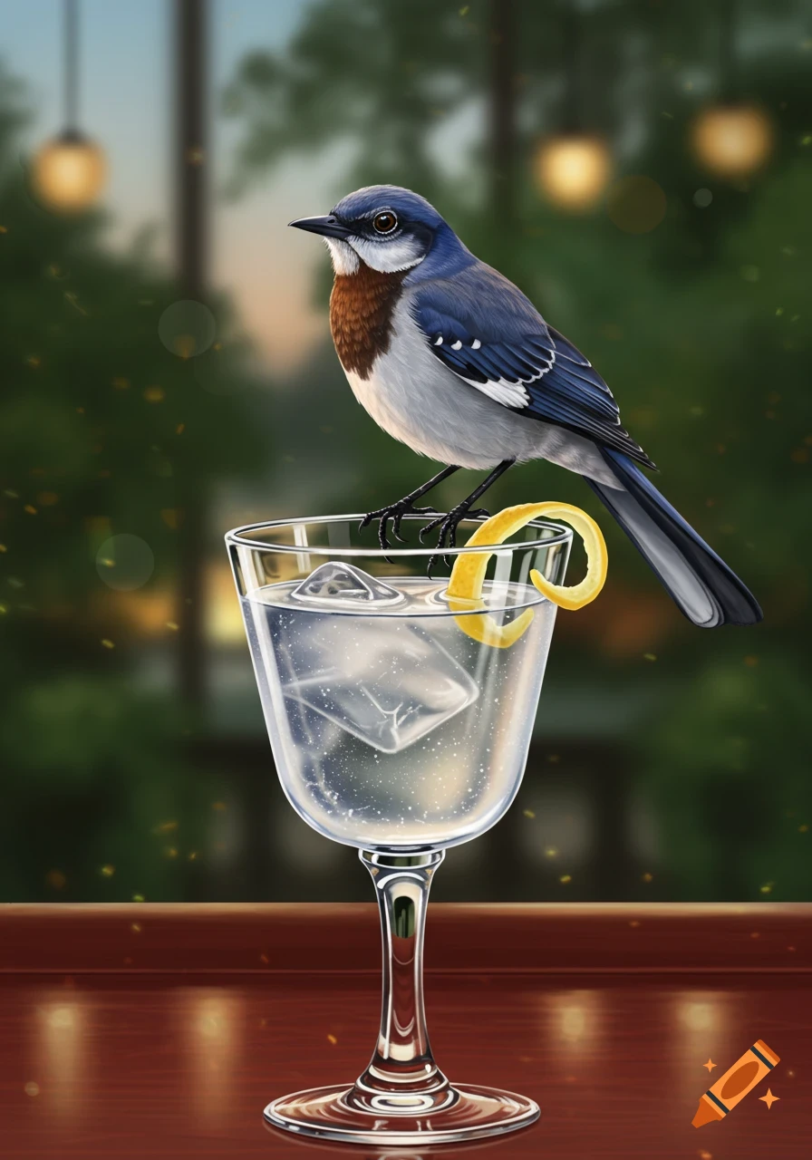 A blue, white, and brown bird perches on a clear cocktail glass containing ice and a lemon twist, with a blurred outdoor background.