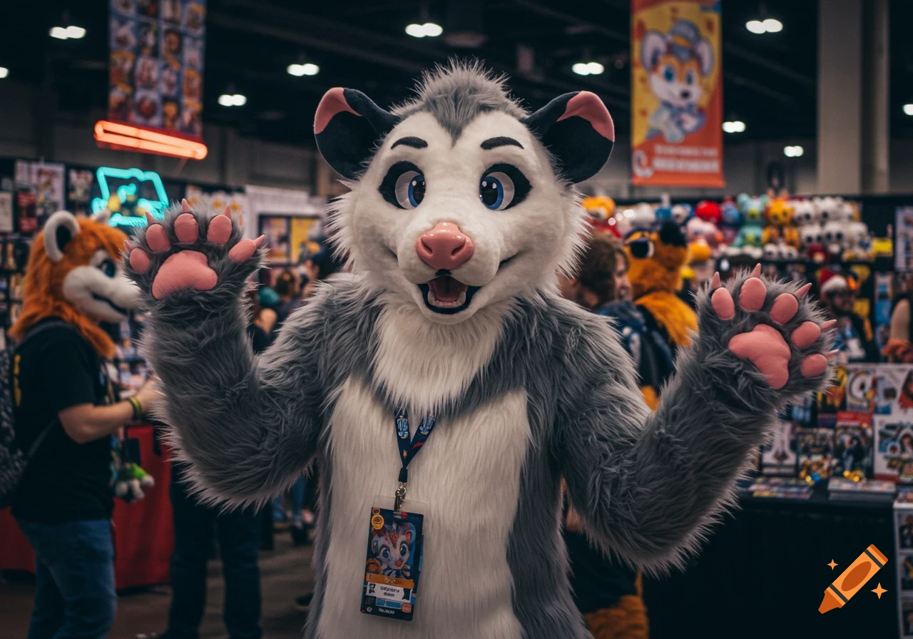 A person in a detailed gray and white opossum fursuit stands with paws raised at a convention, surrounded by blurred convention attendees and merchandise.