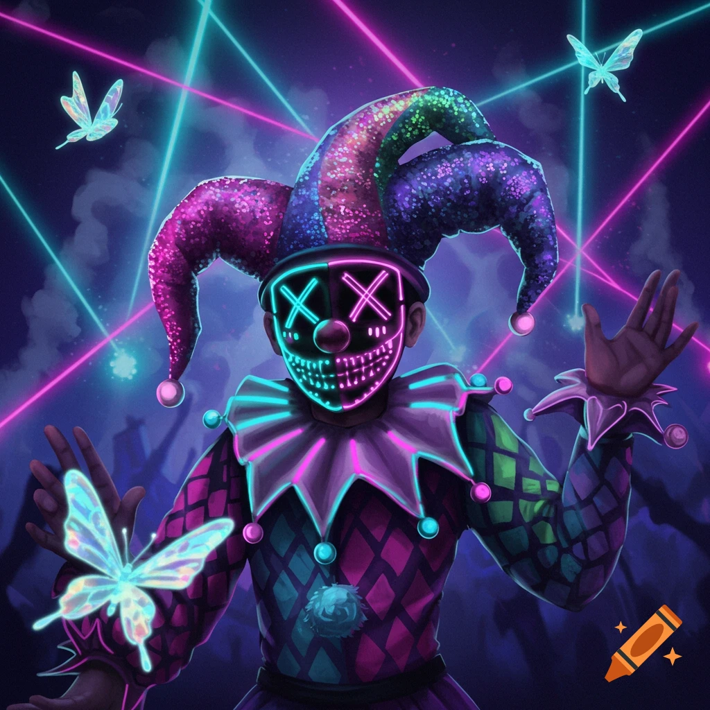 A jester in a colorful hat and glowing neon mask, surrounded by neon lines and luminous butterflies.