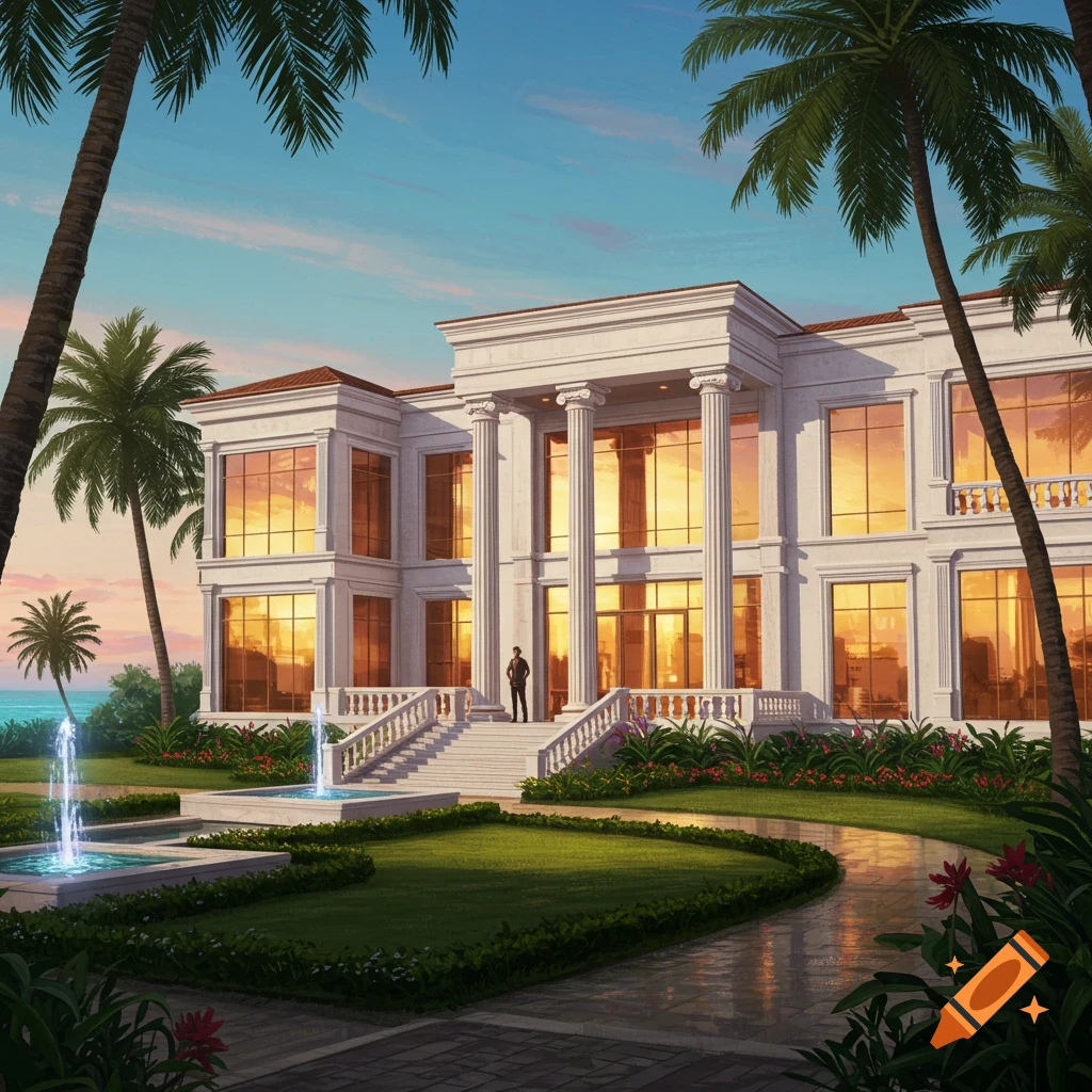 A grand white mansion with a portico, large windows reflecting a golden sunset, lush gardens, fountains, palm trees, and ocean.