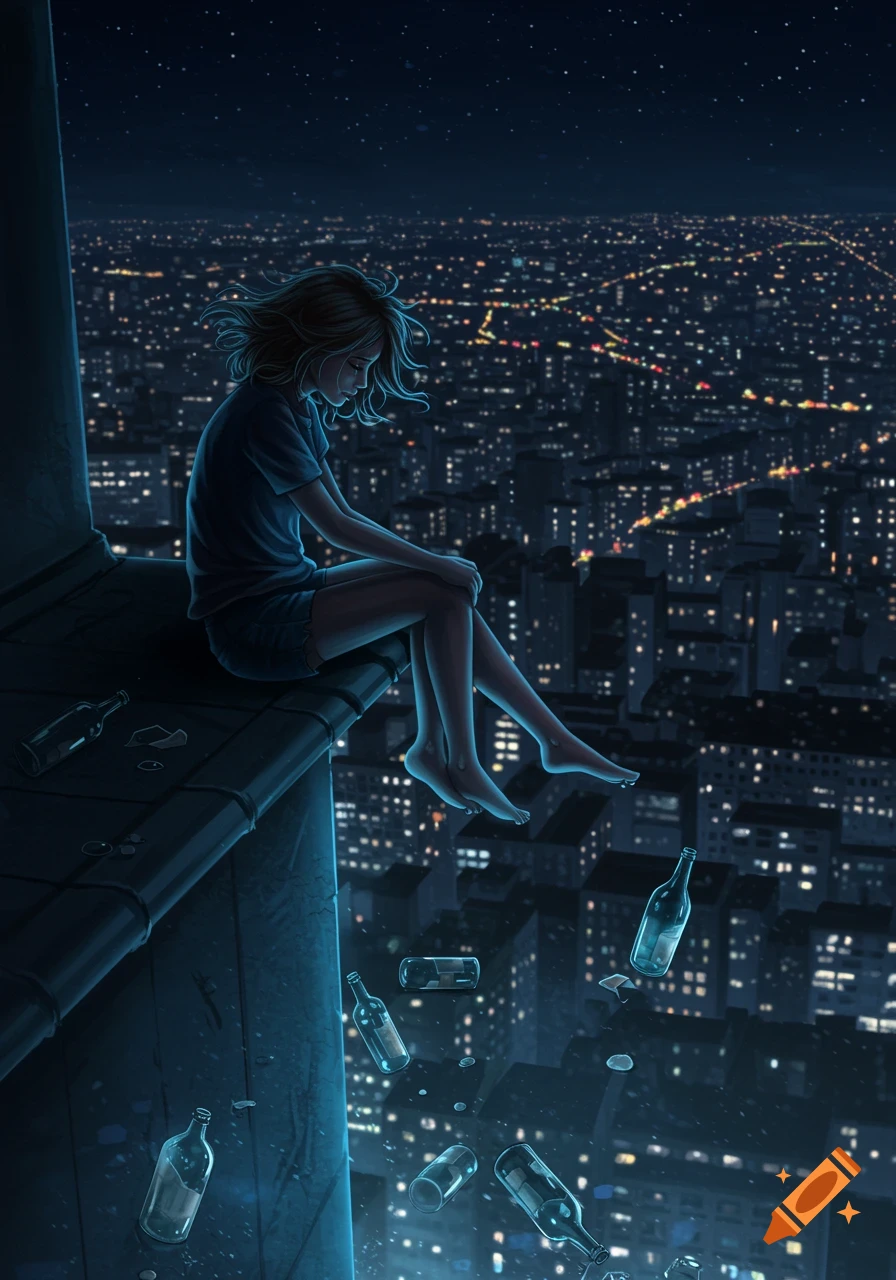 Illustrated woman sitting on a tall building edge at night, overlooking a city, with bottles falling.