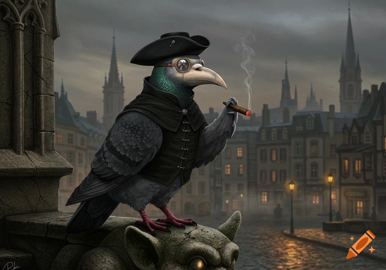 A pigeon dressed as a plague doctor, wearing goggles and a tricorn hat, smoking a cigar on a gargoyle overlooking a gloomy gothic city.