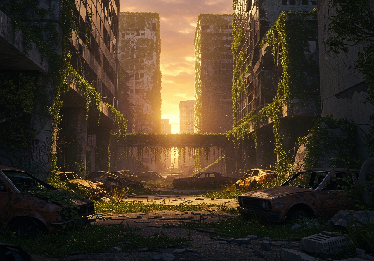 post-apocalyptic city ruins with overgrown vegetation and dramatic sunset