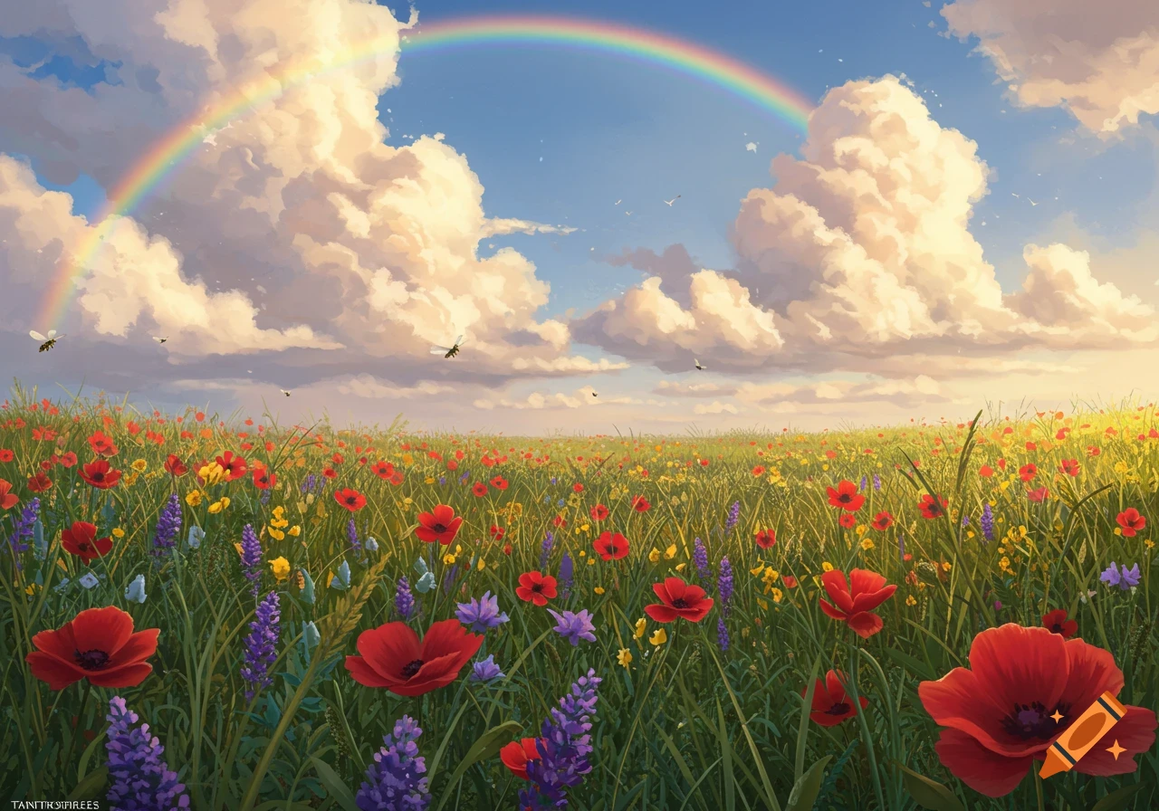 Vibrant meadow with red poppies and purple flowers under a bright sky with a large rainbow and flying insects.