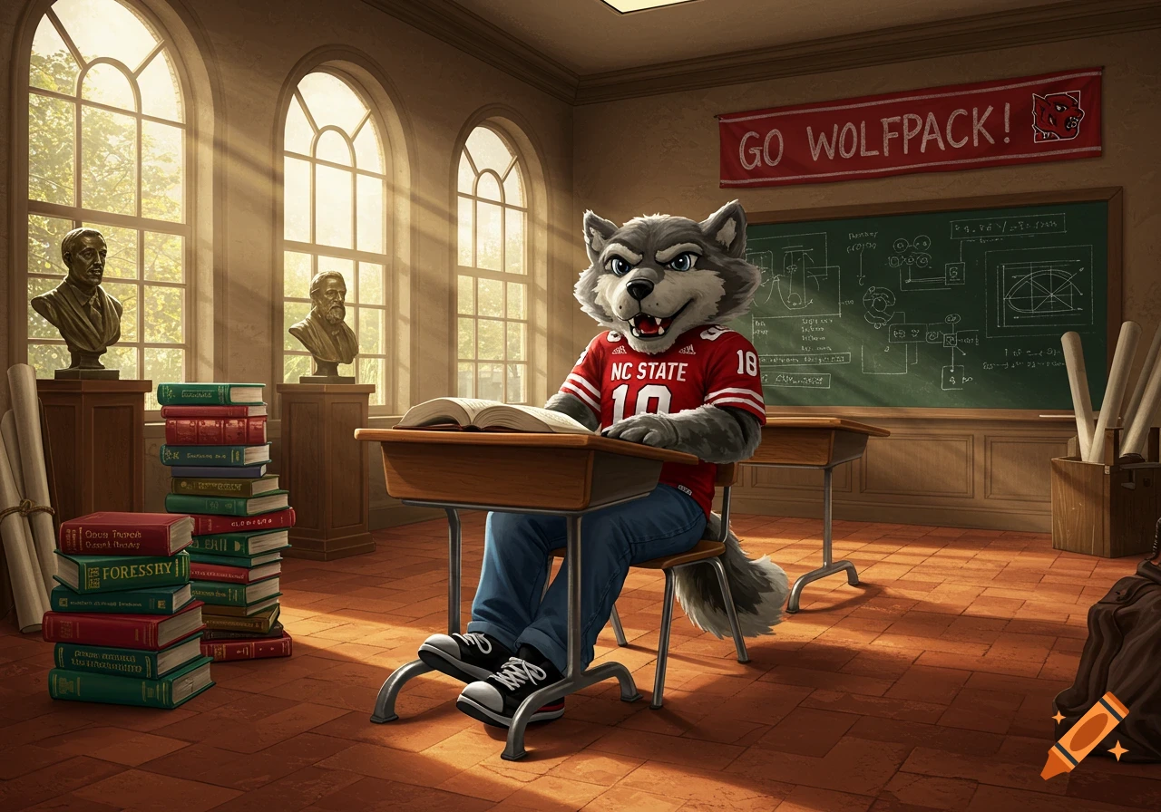 A cartoon wolf mascot wearing an NC State jersey sits at a desk in a sunlit classroom, with books and a blackboard.