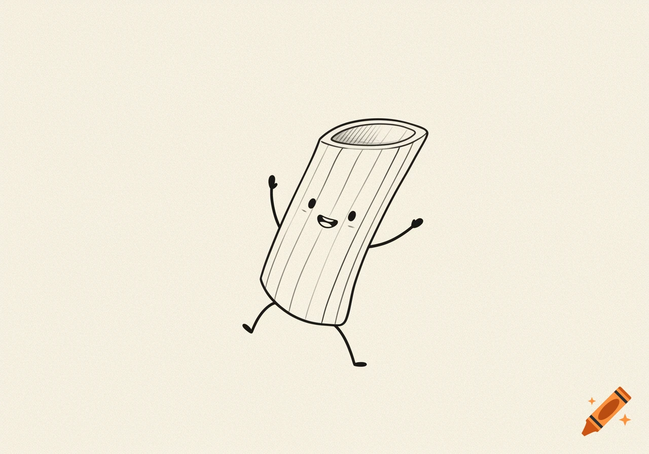 A minimalist fine line sketch of a happy, dancing penne pasta character with stick arms and legs.