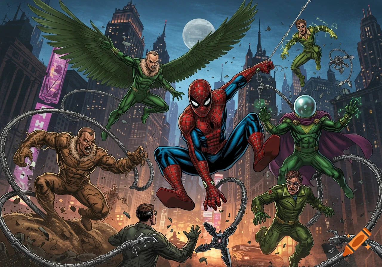 Comic art of Spider-Man fighting Vulture, Sandman, Mysterio, Doctor Octopus, and other villains in a city at night.