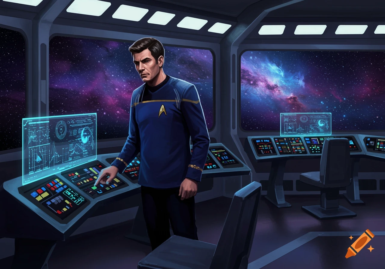 A man in a blue uniform stands on the bridge of a futuristic starship, looking at holographic screens showing data with a view of space through the windows.
