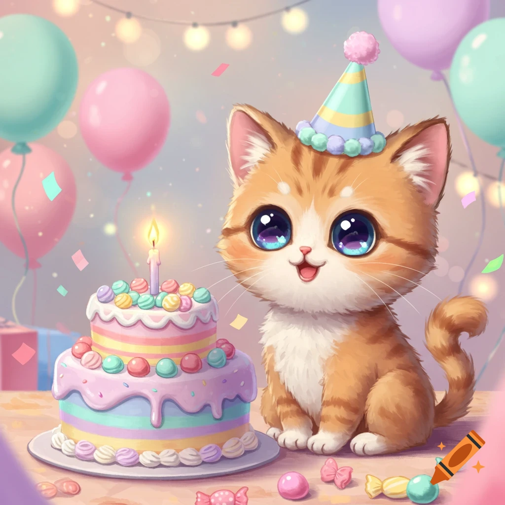 A cute orange tabby cat in a birthday hat sits beside a colorful tiered cake with a lit candle, surrounded by balloons and confetti.