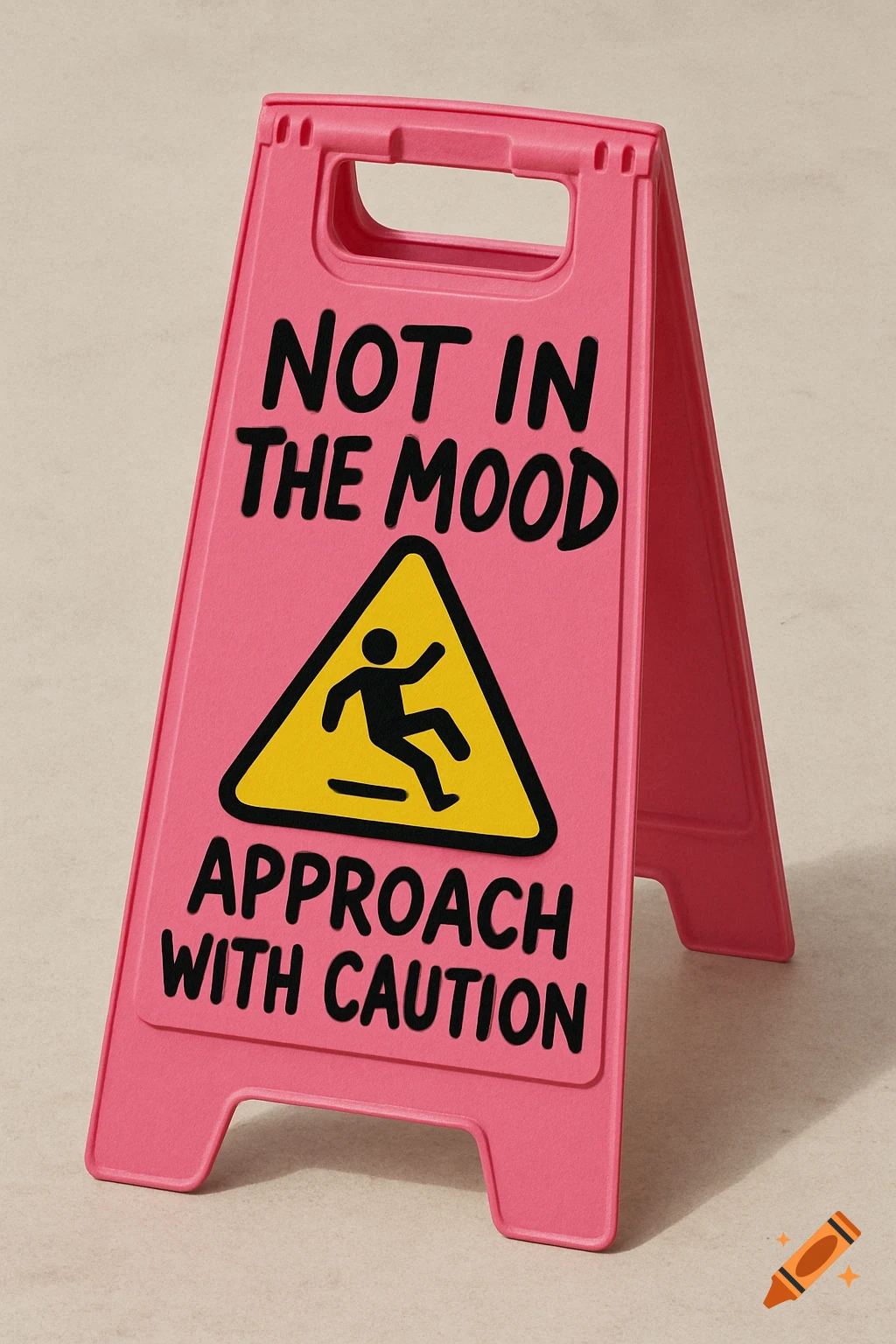 A pink A-frame caution sign with black text reading "NOT IN THE MOOD" and "APPROACH WITH CAUTION", featuring a yellow triangle with a black slipping figure.