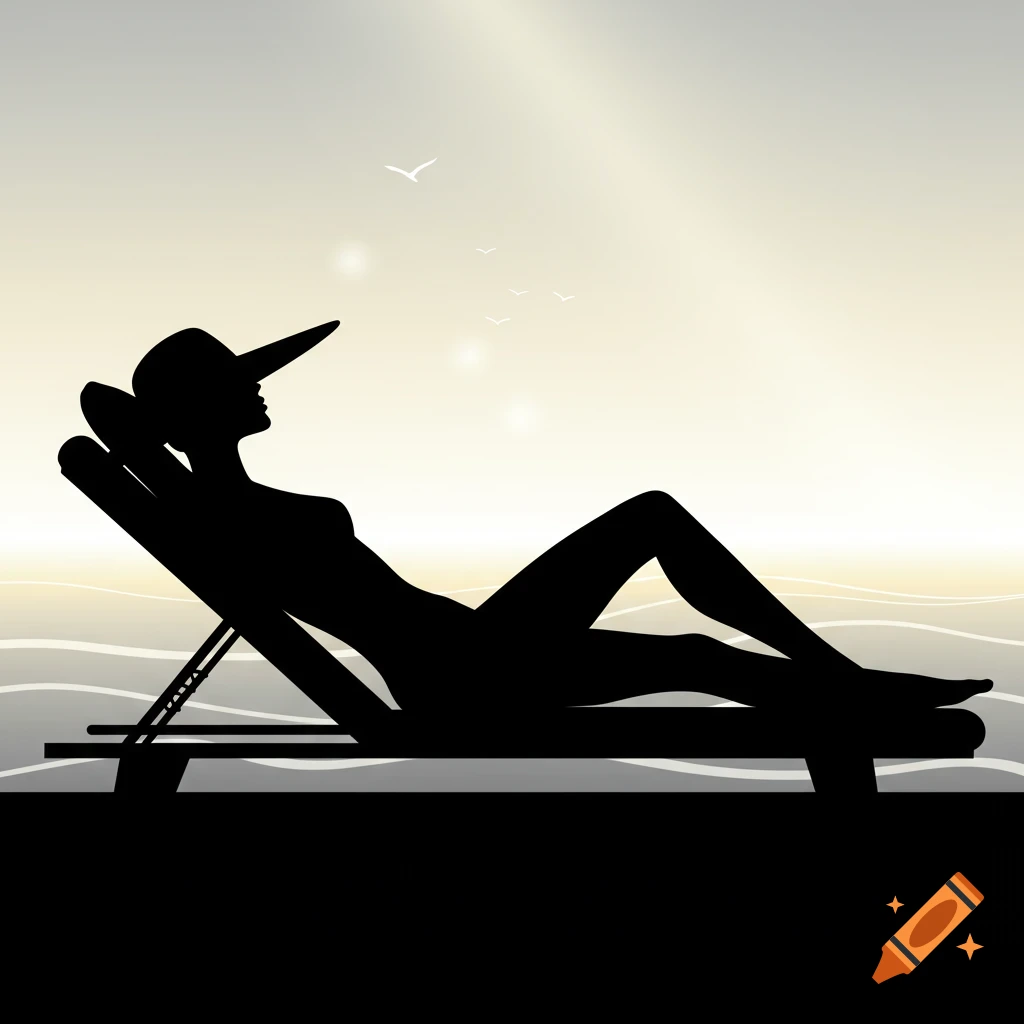 Black silhouette of a woman in a hat sunbathing on a beach chair against a minimalist sky with birds and water.
