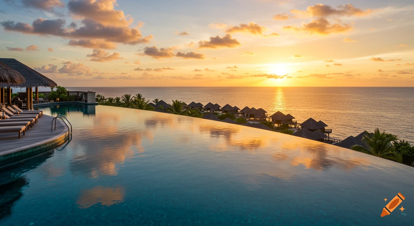 A luxurious infinity pool overlooks overwater bungalows and the ocean at a vibrant sunset.