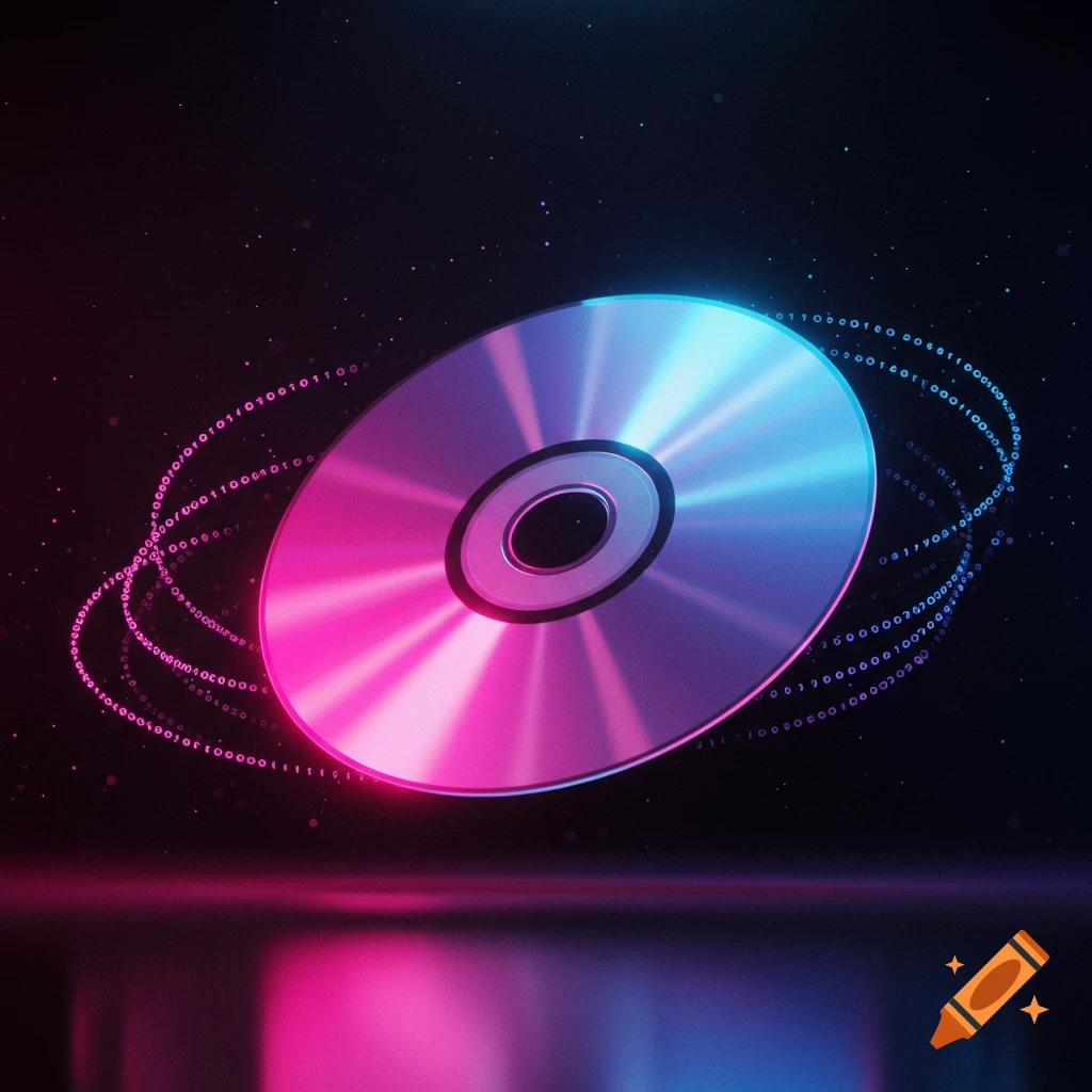 A glowing metallic disc in vibrant neon pink and blue, surrounded by swirling patterns of binary code on a dark, starry background.