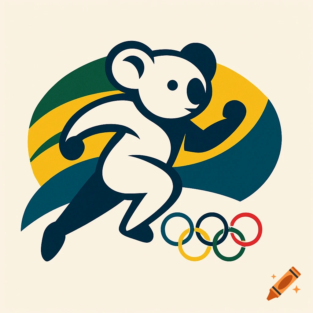 A stylized white koala running with a dark blue and yellow background and Olympic rings.