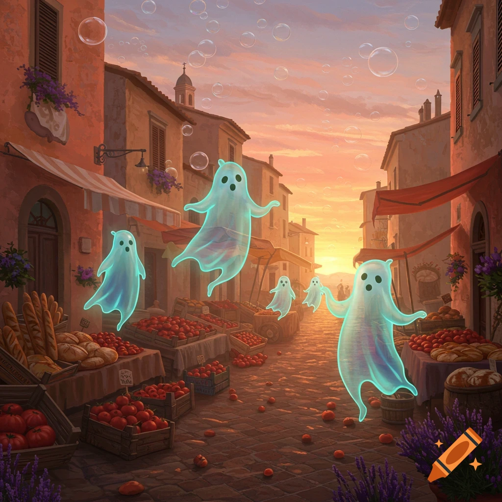 Cute glowing ghosts float through a vibrant Italian market at sunset, with bubbles filling the sky.