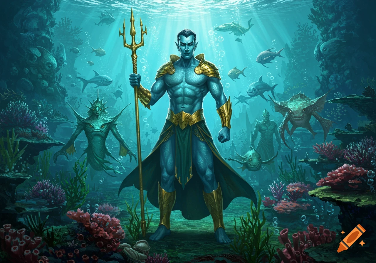 A muscular blue-skinned man in gold armor and a green loincloth holds a trident in a vibrant underwater kingdom with sea creatures.