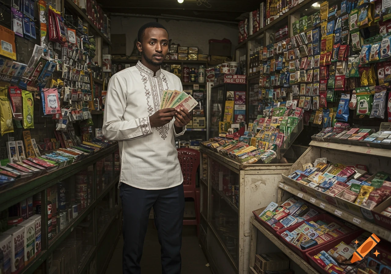 A well-dressed Ethiopian man holding money stands in a small, cluttered local shop, filled with shelves of products.