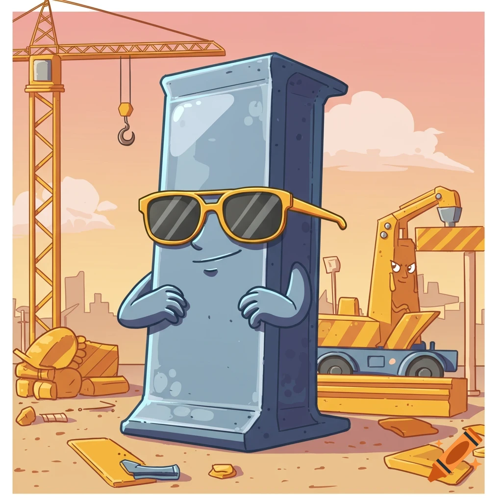 A smiling cartoon steel joist character with sunglasses stands at a construction site with cranes and debris.
