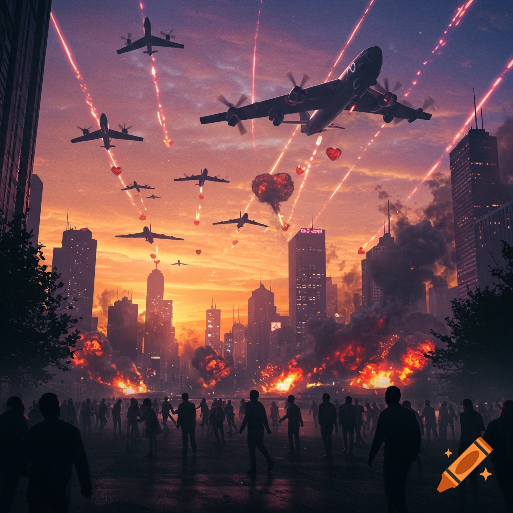 A stylized city under attack at sunset by a fleet of bombers dropping heart-shaped bombs, causing explosions and chaos. Silhouettes of people flee in the foreground.