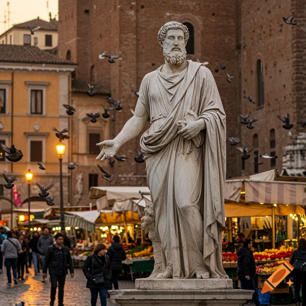 Photorealistic statue of a bearded man in a toga stands in a bustling city market with pigeons flying overhead and people walking.