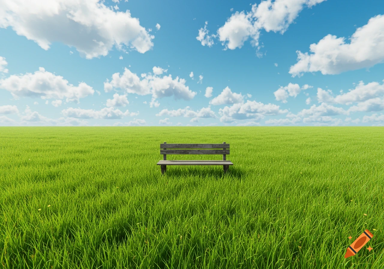 A lone wooden bench sits centered in a vast, flat green grass field under a bright blue sky with white clouds.