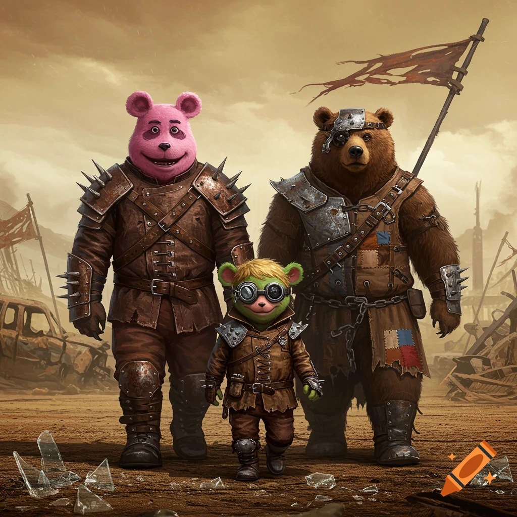A pink, a brown, and a small green anthropomorphic bear in spiked, rusted armor stand in a desolate, post-apocalyptic wasteland with debris and tattered flags.