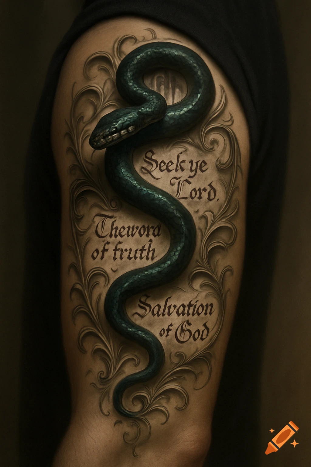 Photorealistic half-arm sleeve tattoo of a dark green snake wrapped around an arm with ornate scrollwork and religious text.