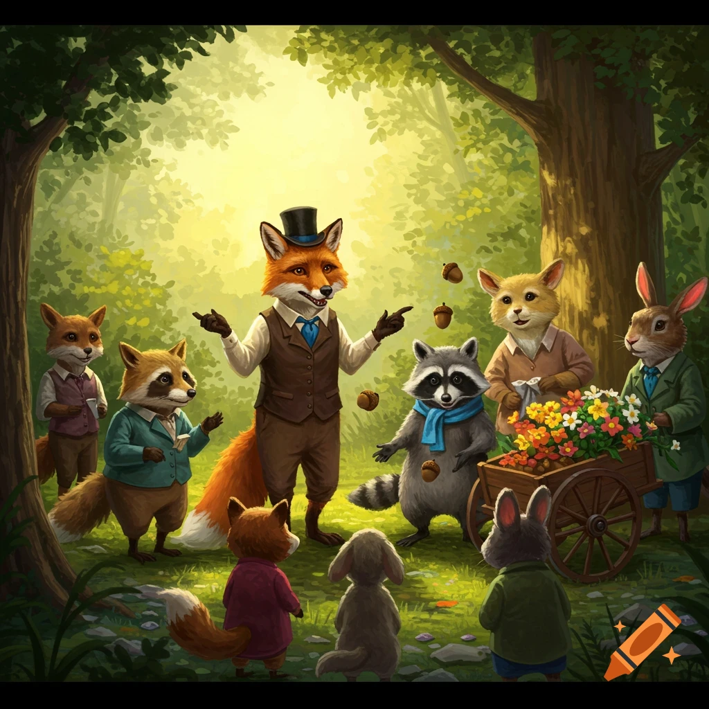 Anthropomorphic fox in a top hat talks to other animals, including a raccoon, rabbits, and a squirrel, in a sunlit forest.