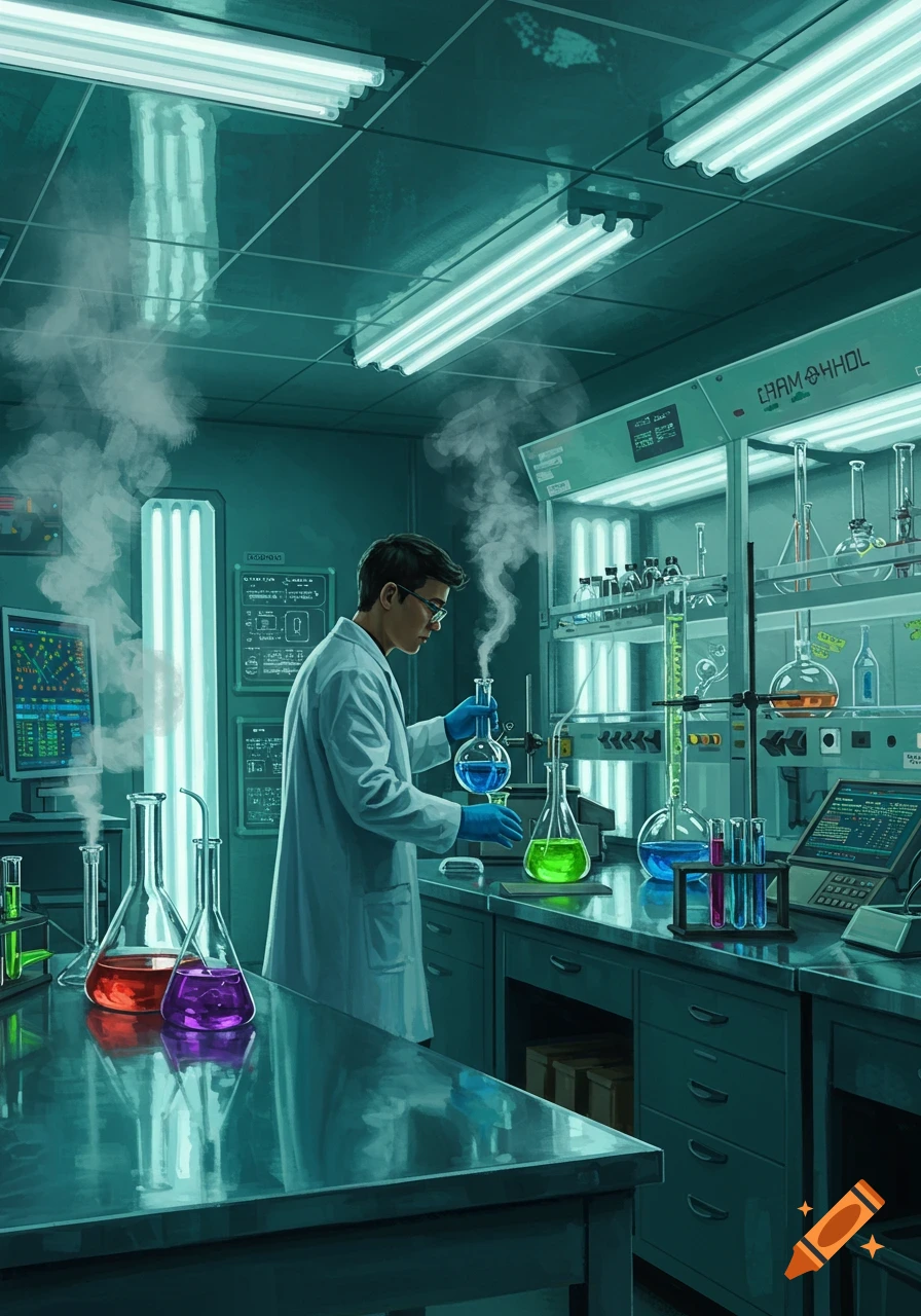 An illustration of a male scientist in a lab, wearing a white coat and gloves, working with colorful beakers and test tubes that are emitting smoke.