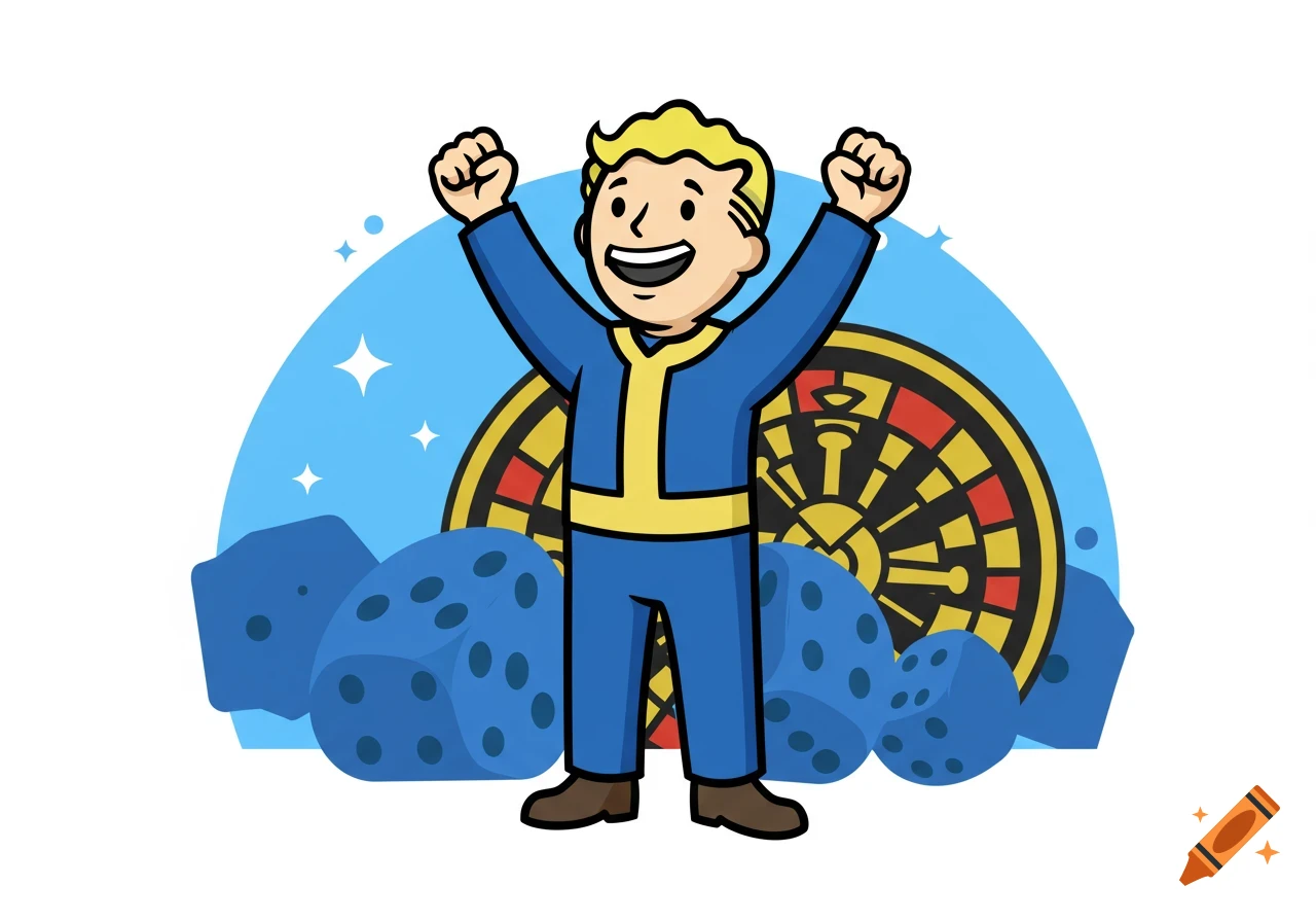 A cartoon Vault Boy celebrating with raised fists in front of a roulette wheel and blue dice.