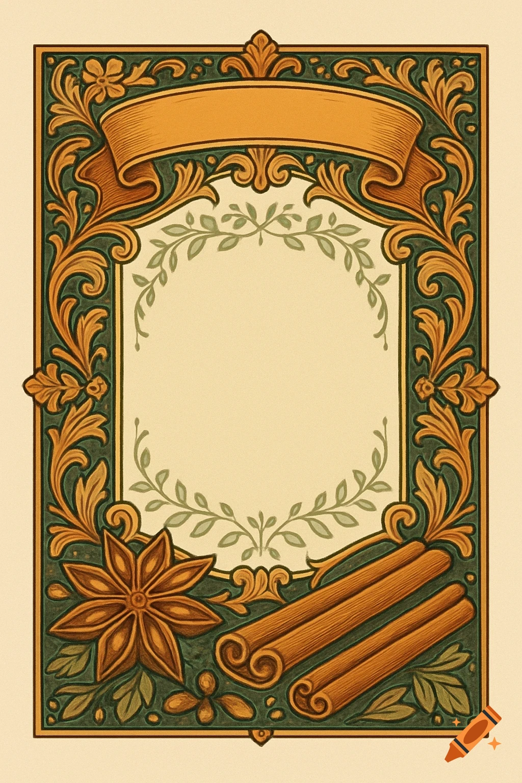 Ornate vintage style label border with a blank banner, star anise, and cinnamon sticks.