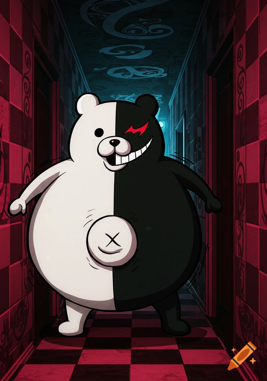 Monokuma, a half-white half-black bear, stands in a red and black checkered hallway, in Danganronpa anime style.