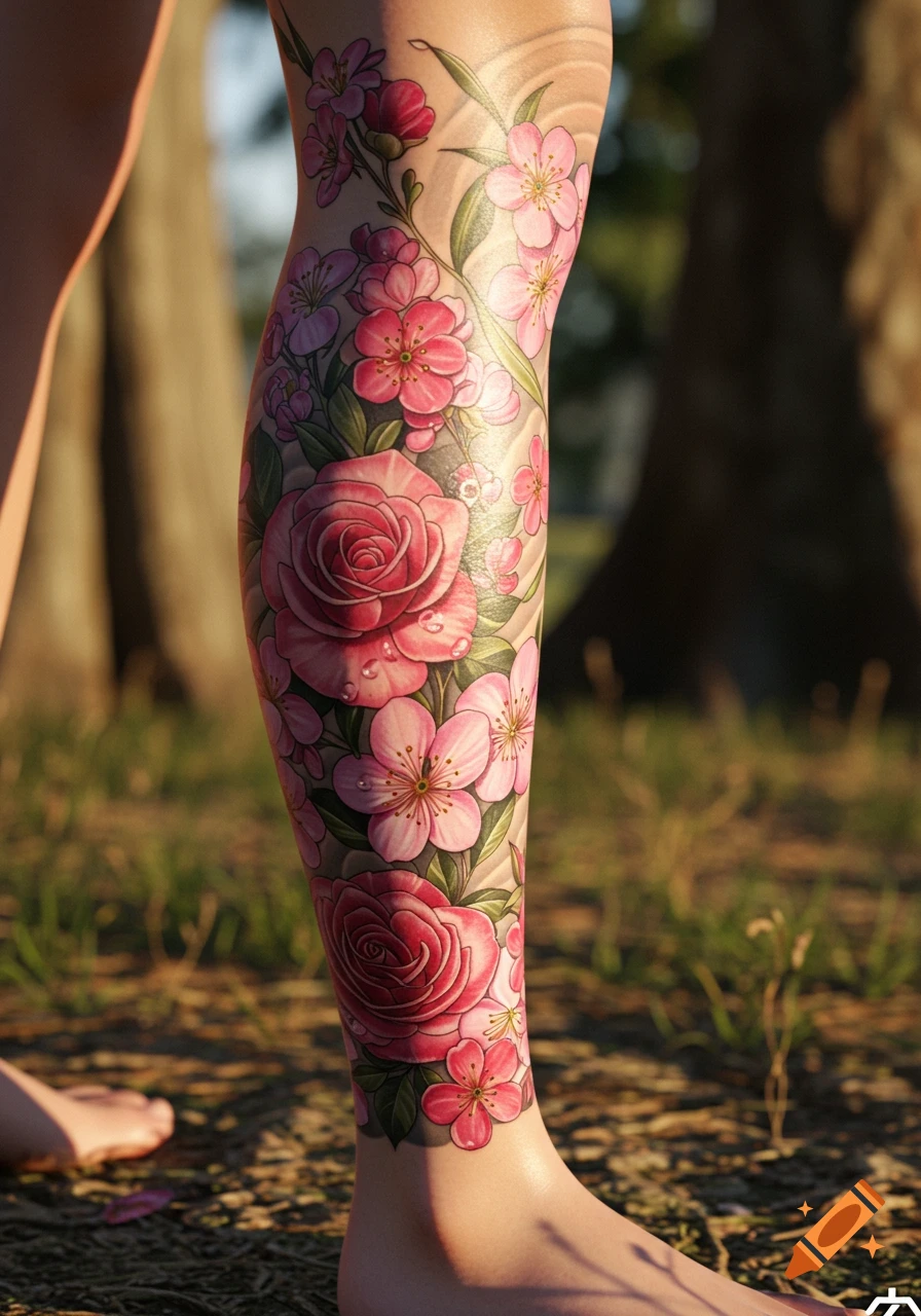 Close-up of a leg fully covered in a vibrant floral tattoo featuring pink roses and cherry blossoms, in outdoor lighting.