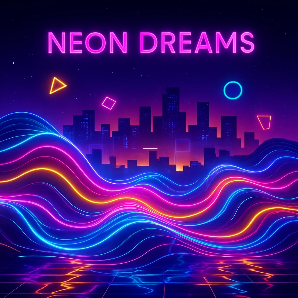electronic album cover titled Neon Dreams with abstract neon waves in synthwave style