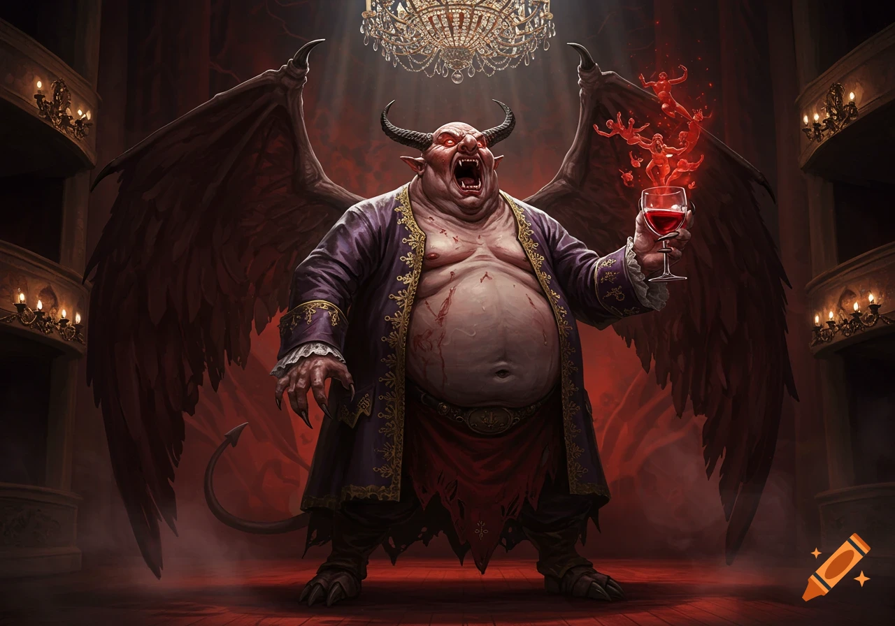 A grotesque, horned demon with bat wings and a large belly, wearing a purple robe, stands on a red stage in an opera house. It holds a wine glass from which small red human figures emerge.
