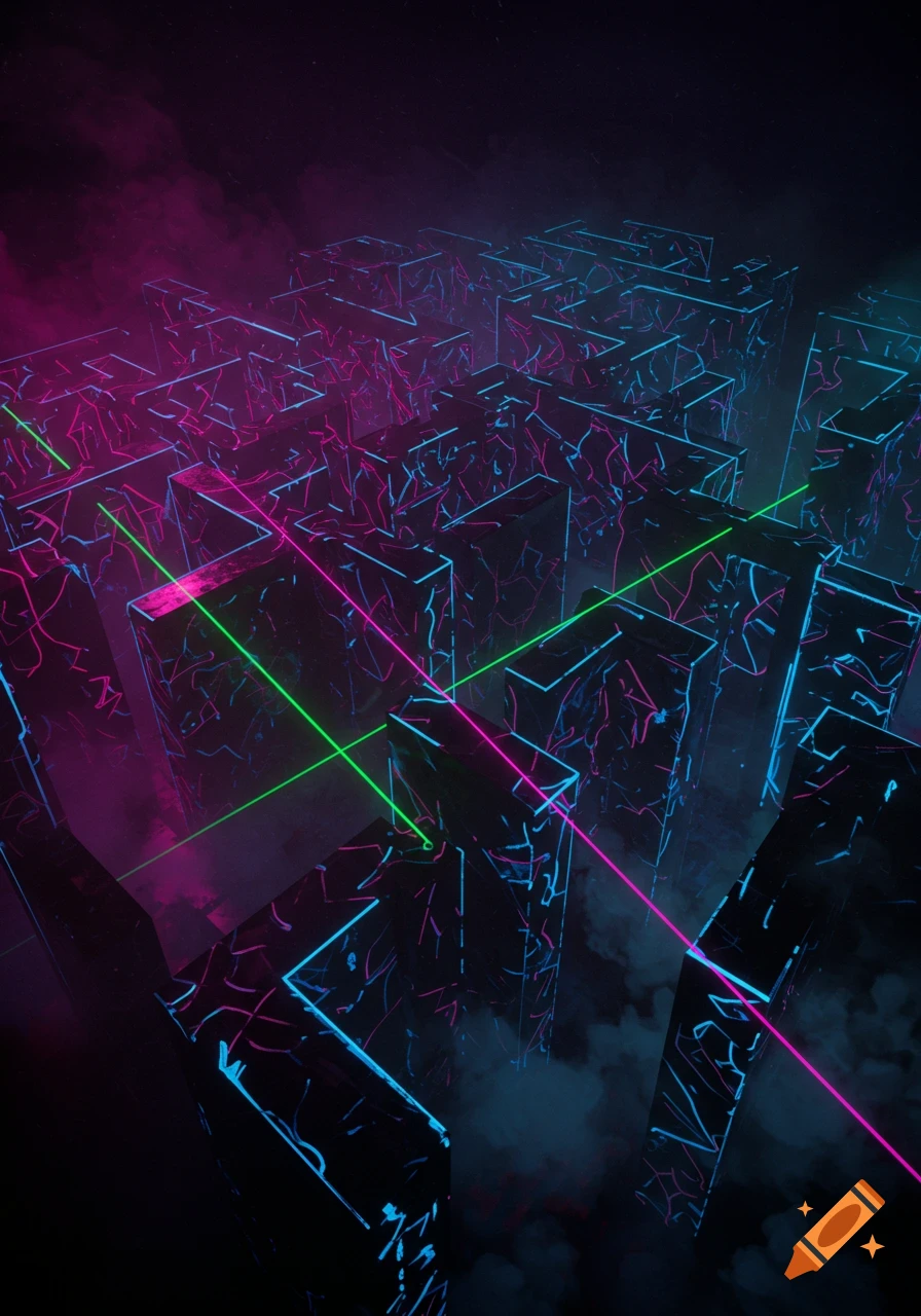 An abstract neon labyrinth with blue and pink glowing outlines on dark structures, crossed by green and pink laser beams amidst smoky haze.
