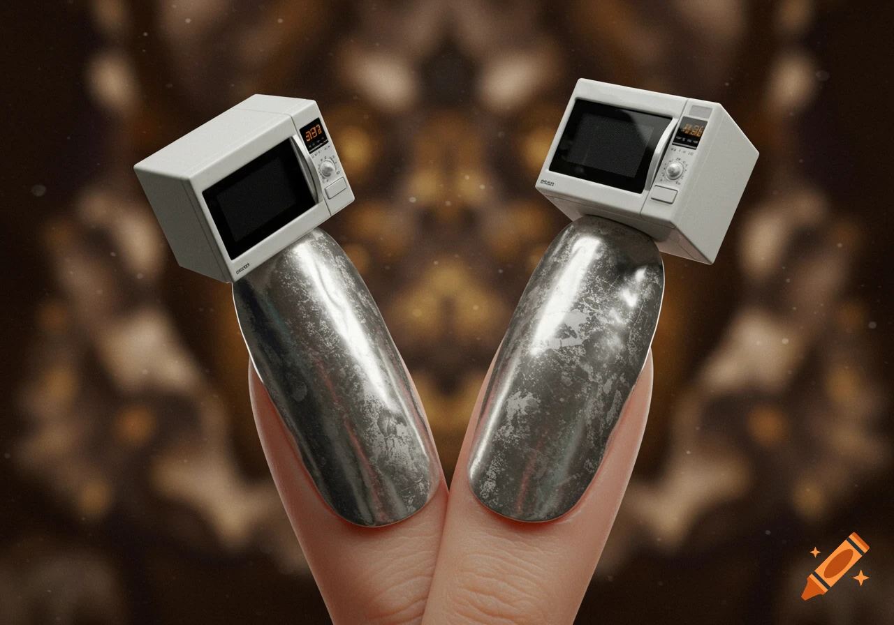 Two fingers with metallic, textured nails each balancing a miniature microwave oven, against a dark, blurred background.