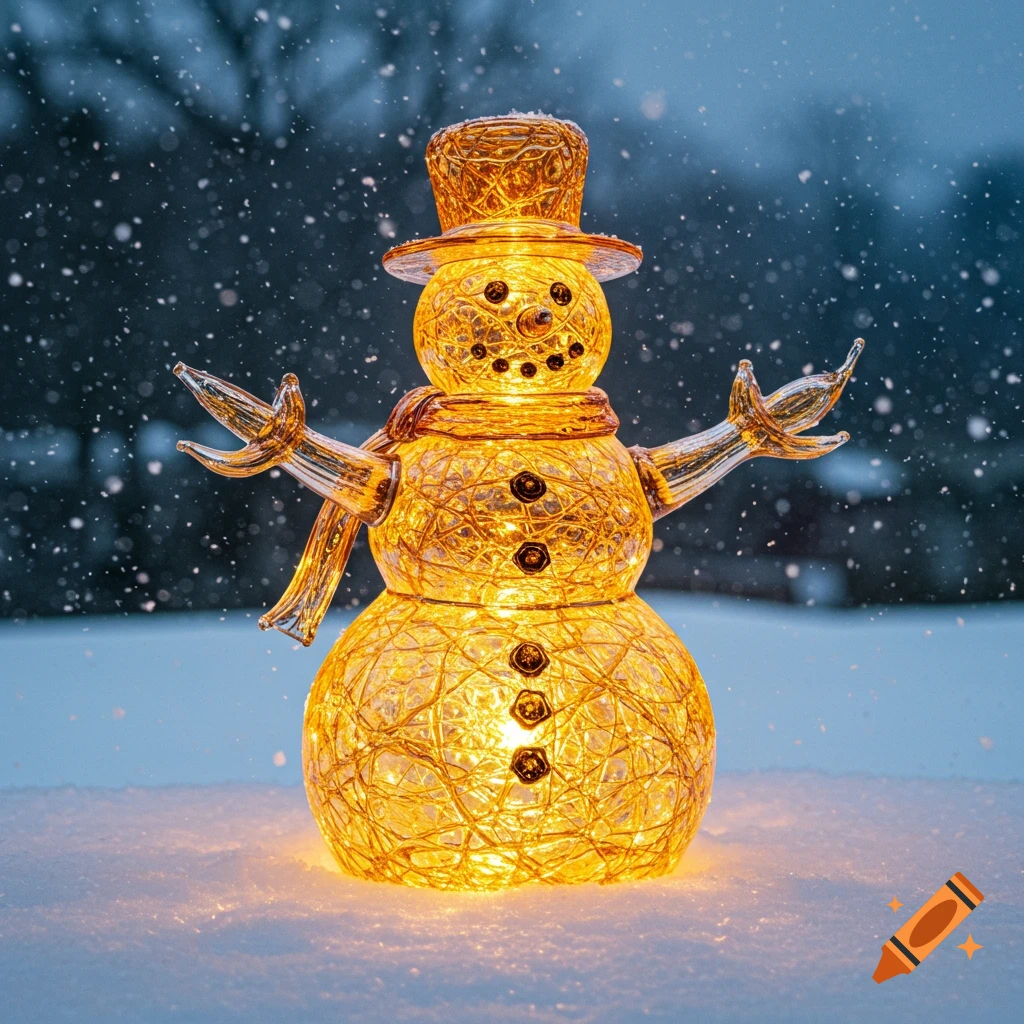 A luminous amber glass snowman stands in falling snow, glowing warmly against a blurred winter background.