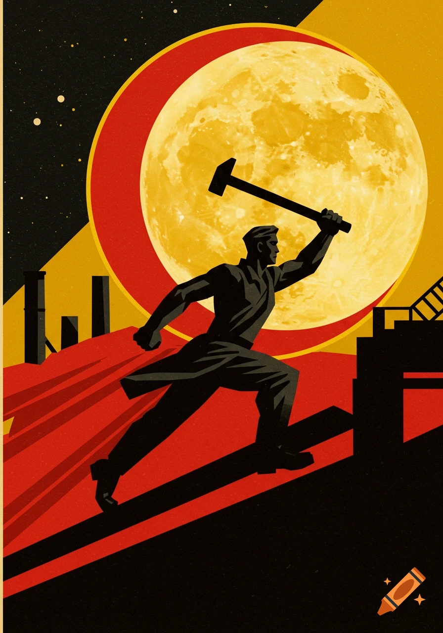 A stylized propaganda poster of a worker running uphill with a hammer raised against a large full moon and night sky.