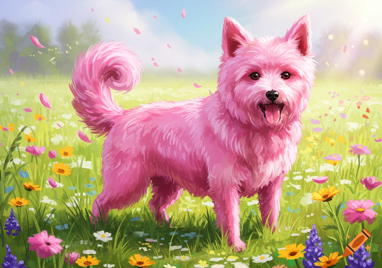 A fluffy pink dog stands happily in a vibrant field of colorful wildflowers with pink petals falling around it, depicted in a painterly style.
