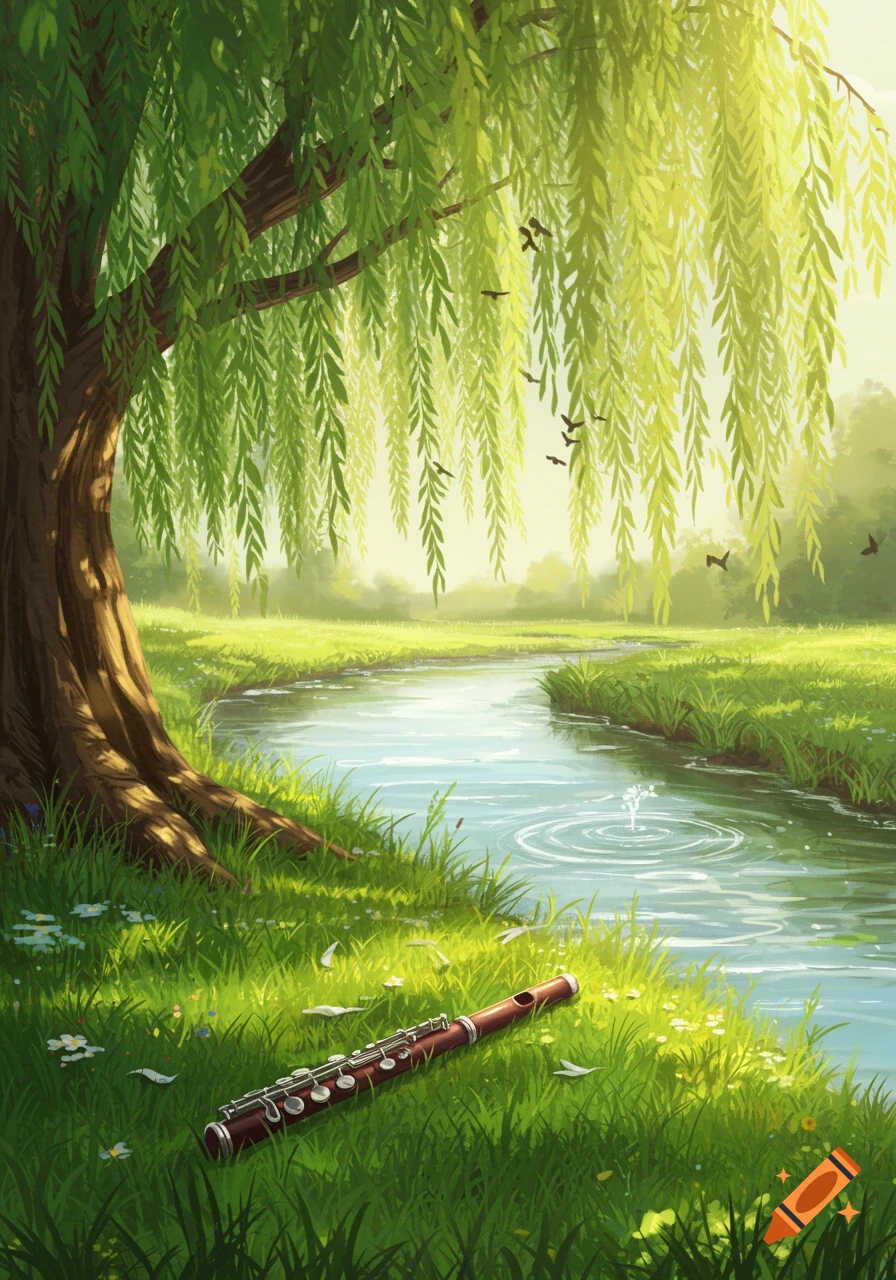 Illustrative landscape of a willow tree by a stream with a piccolo on the grass.