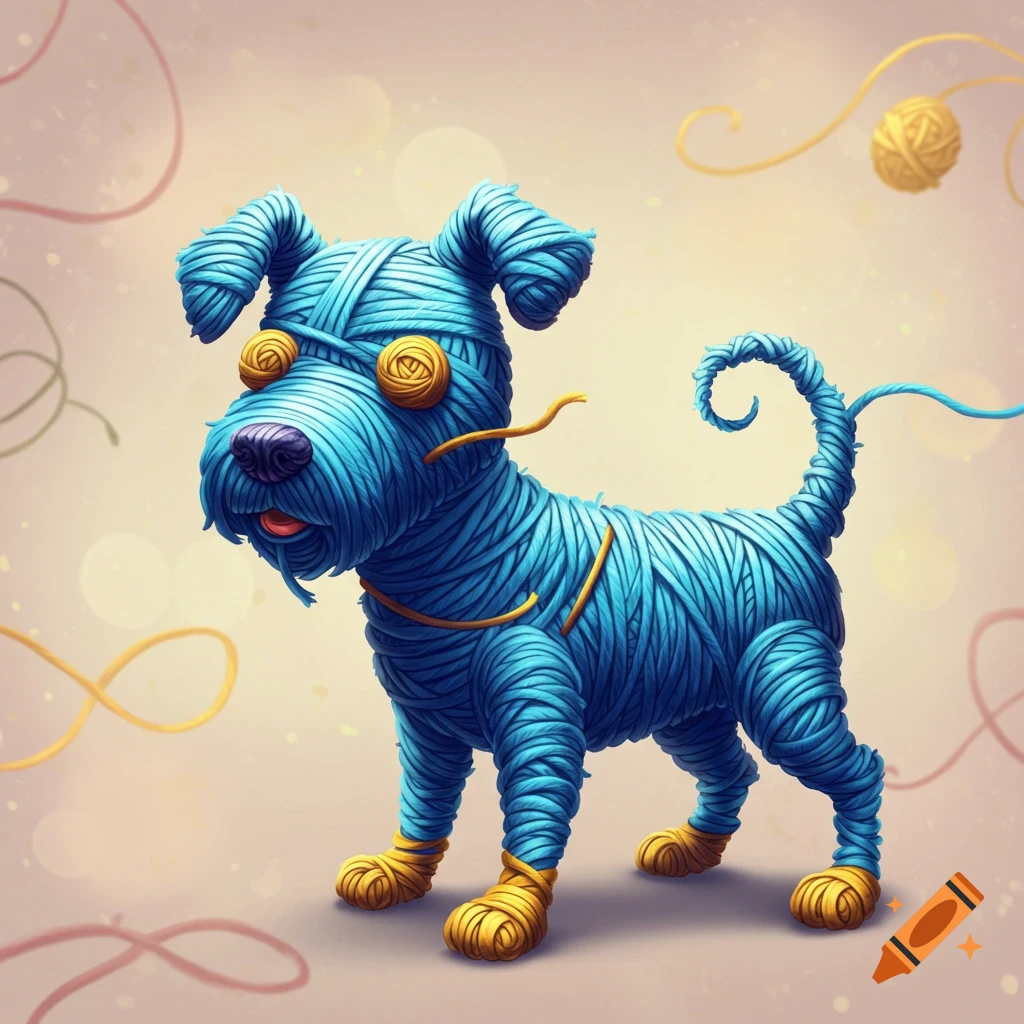 A whimsical dog figure crafted entirely from blue yarn, with yellow yarn details for its paws and eyes, standing on a soft background.
