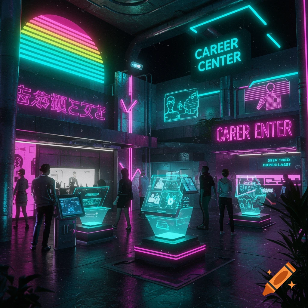 A futuristic career center interior bathed in neon pink and teal lights, with people interacting with holographic displays showing job listings and information.