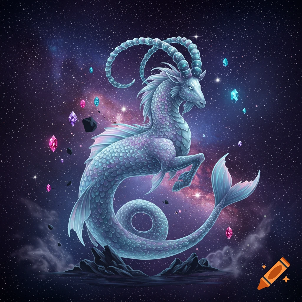 A purple and blue Capricorn sea-goat with large curled horns in a cosmic galaxy with sparkling jewels.