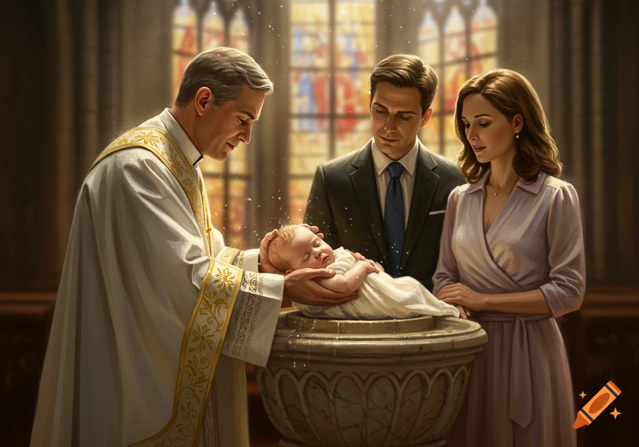 Photorealistic image of a Catholic priest baptizing an infant in a church, with the parents standing beside the baptismal font.