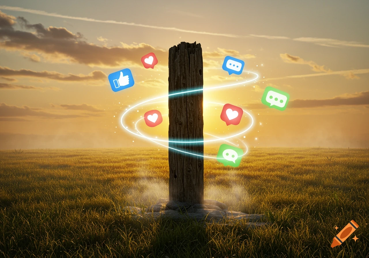 A wooden post in a sunset field is surrounded by glowing social media icons including likes, hearts, and comments.