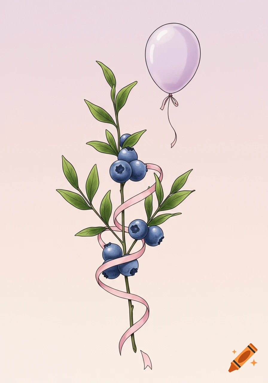 An illustrated blueberry branch with green leaves and blue berries tangled in a pink ribbon, with a light purple balloon floating above.
