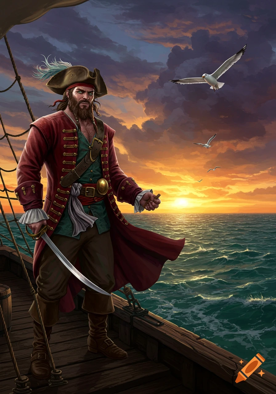 A bearded pirate in a red coat stands on a ship's deck, holding a cutlass, against a vibrant sunset over the ocean.